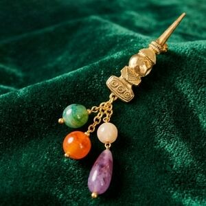 Vintage 1990s Gold Tone Statement Brooch w/Marbled Bead Dangles